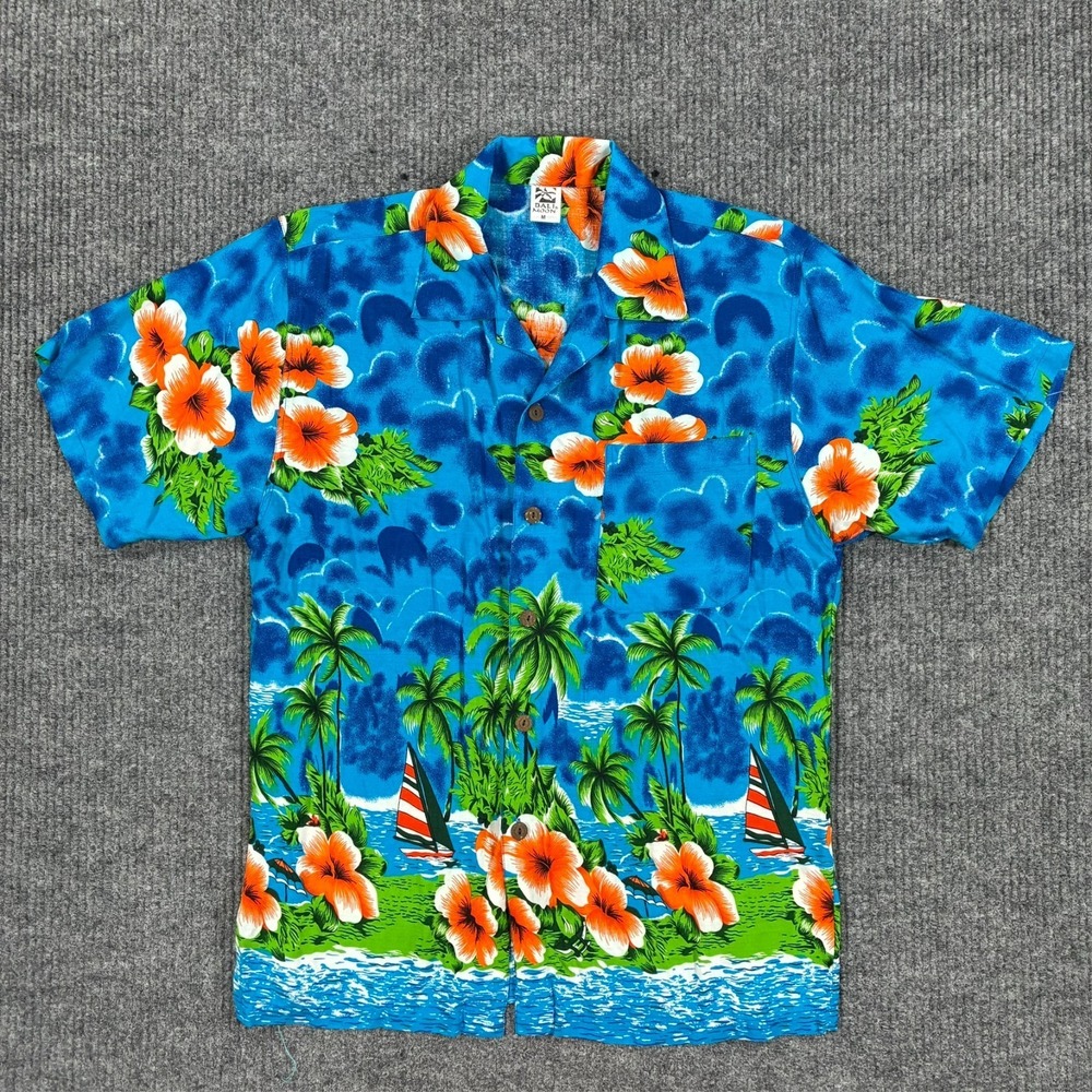 Bali Moon Hawaiian Shirt Mens M Blue Tropical Floral Aloha Camp Button Front